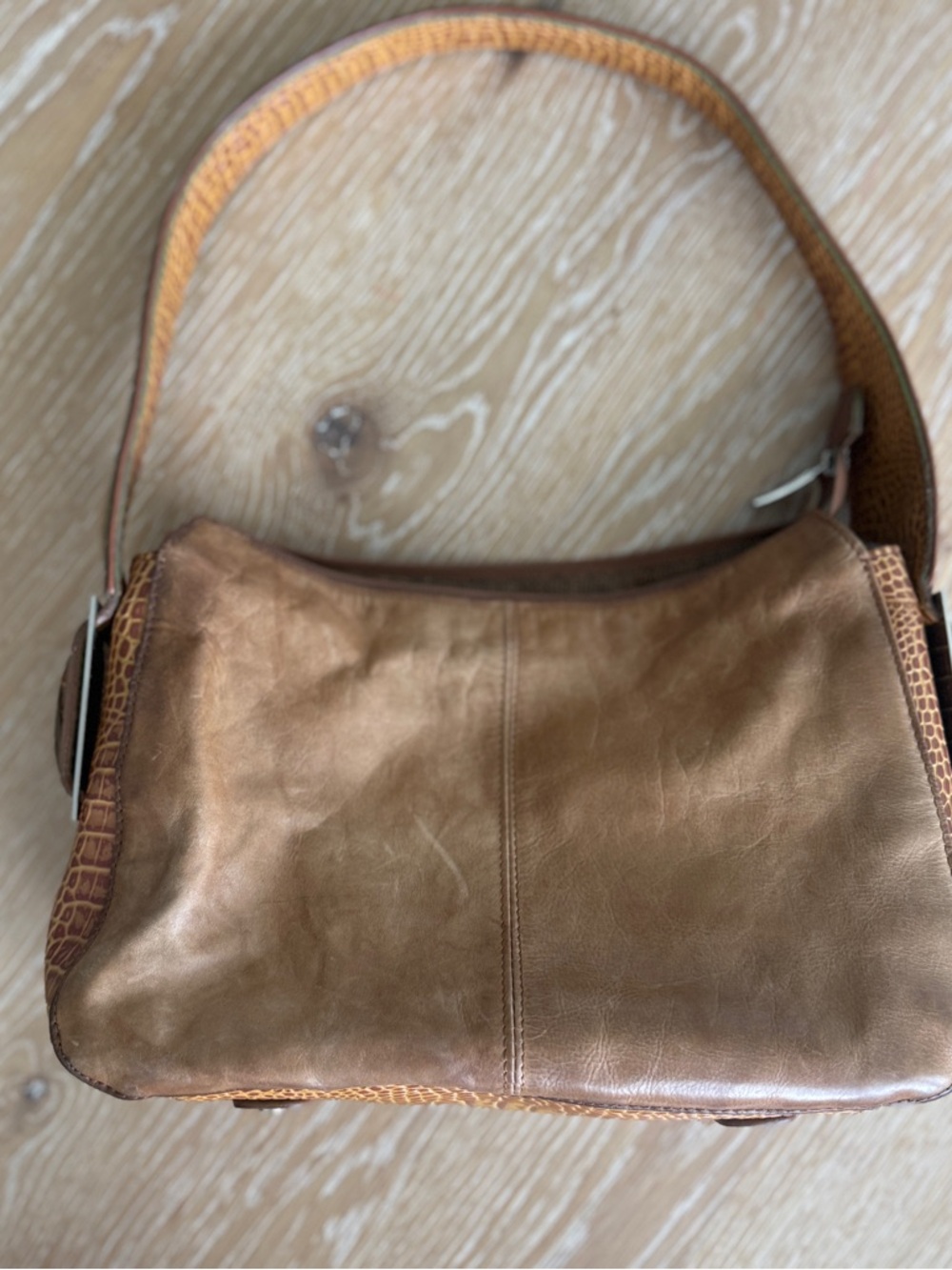 M.C. Elegant Tan Leather Shoulder Bag with Textured Trim